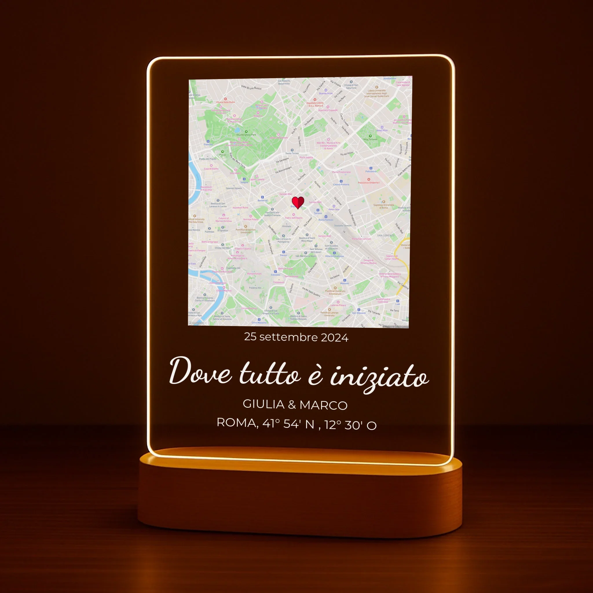 “Dove tutto è iniziato” - Luce notturna personalizzata (incl. base in legno)