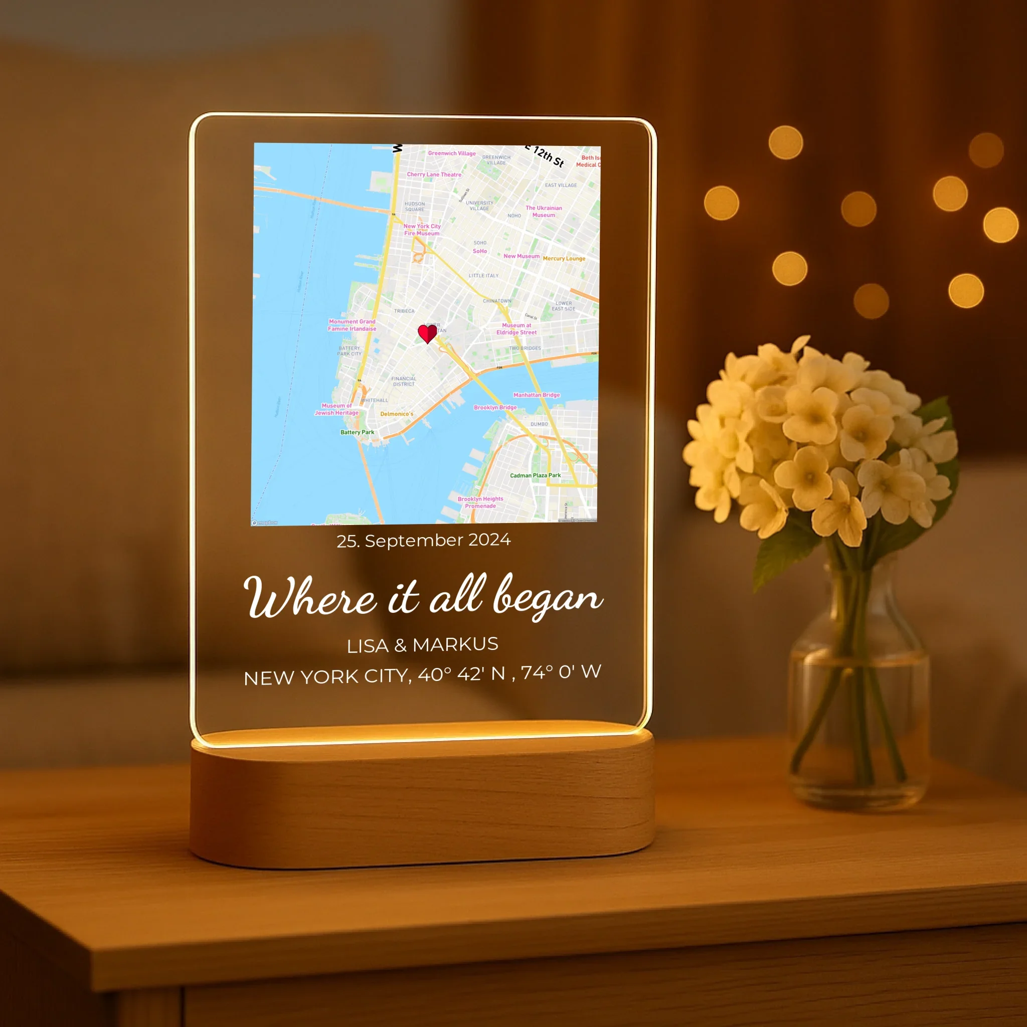 “Where it all began” – Personalized night light (wooden base inclusive)